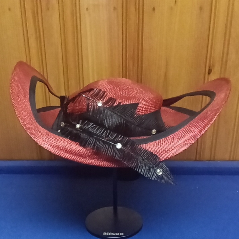 Chic Red Women's Hat with Feather Details